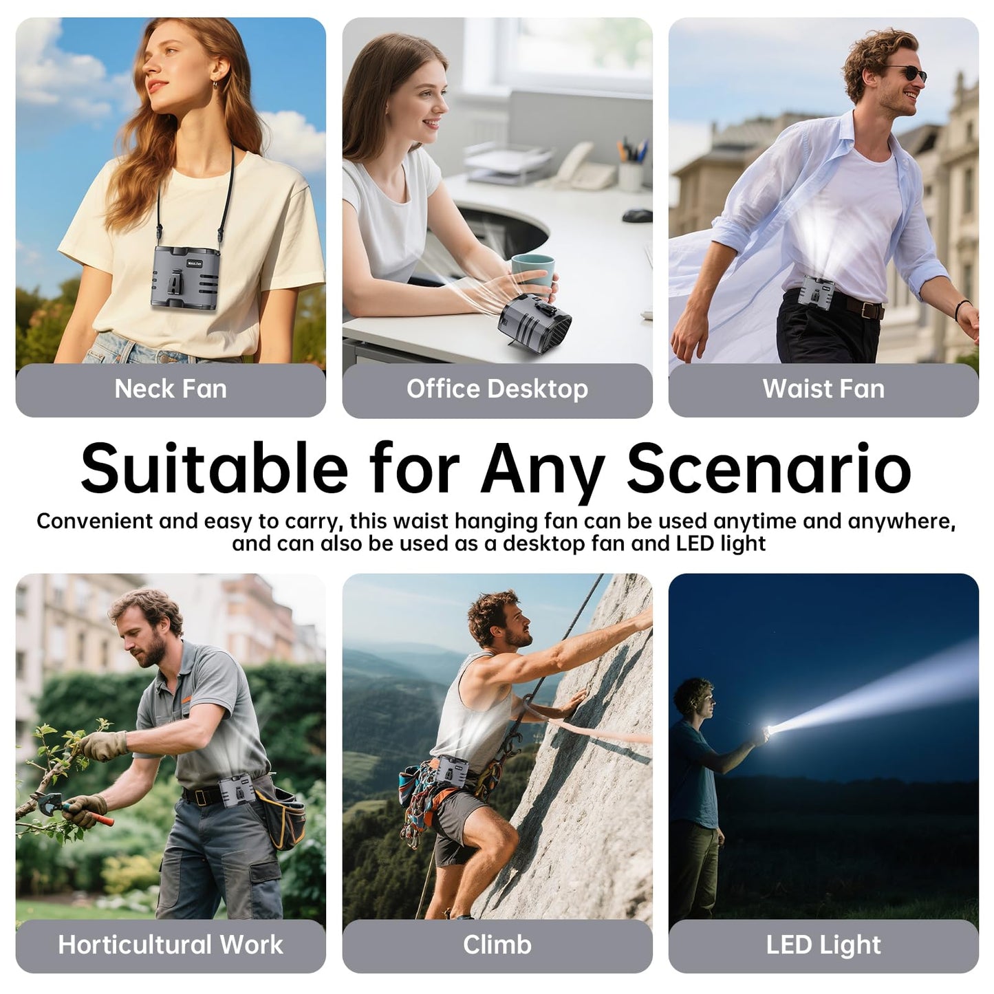 Portable Waist Fan, Belt Fans Rechargeable, 10 Speed Cooling Personal Clip Fan 10000mAh Battery Necklace Shirt Fans 13500 RPM, 40H Work Time, SOS Light for Outdoor Camping Gardening