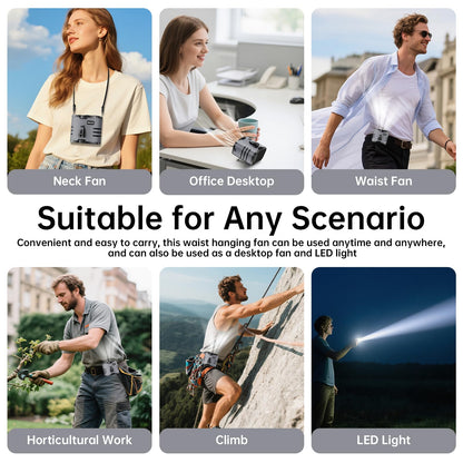 Portable Waist Fan, Belt Fans Rechargeable, 10 Speed Cooling Personal Clip Fan 10000mAh Battery Necklace Shirt Fans 13500 RPM, 40H Work Time, SOS Light for Outdoor Camping Gardening