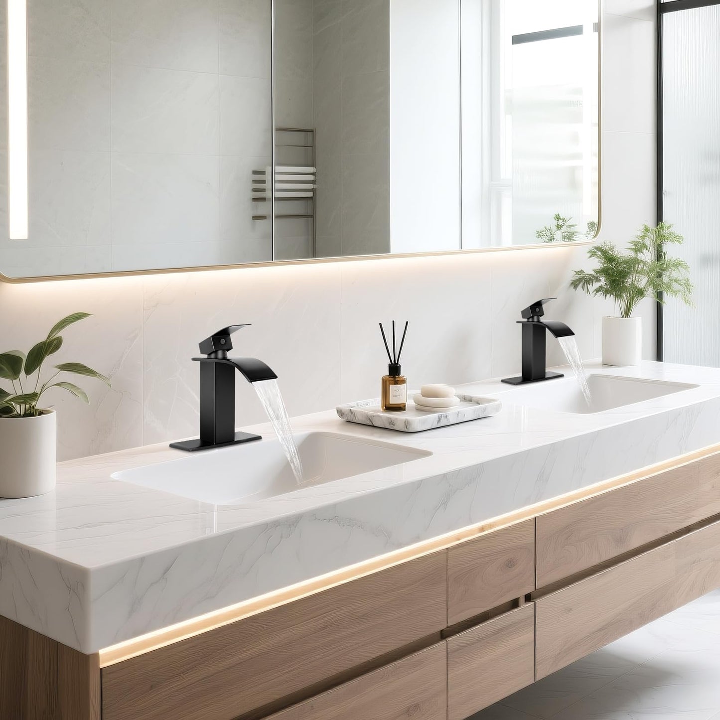 RNDIOZD Matte Black Bathroom Faucets, Waterfall Bathroom Sink Faucet Modern Single Handle Bathroom Faucte 1 or 3 Hole, RV Mixer Tap Vanity Faucet - Includes Pop-up Drain Supply Hoses Deck Plate