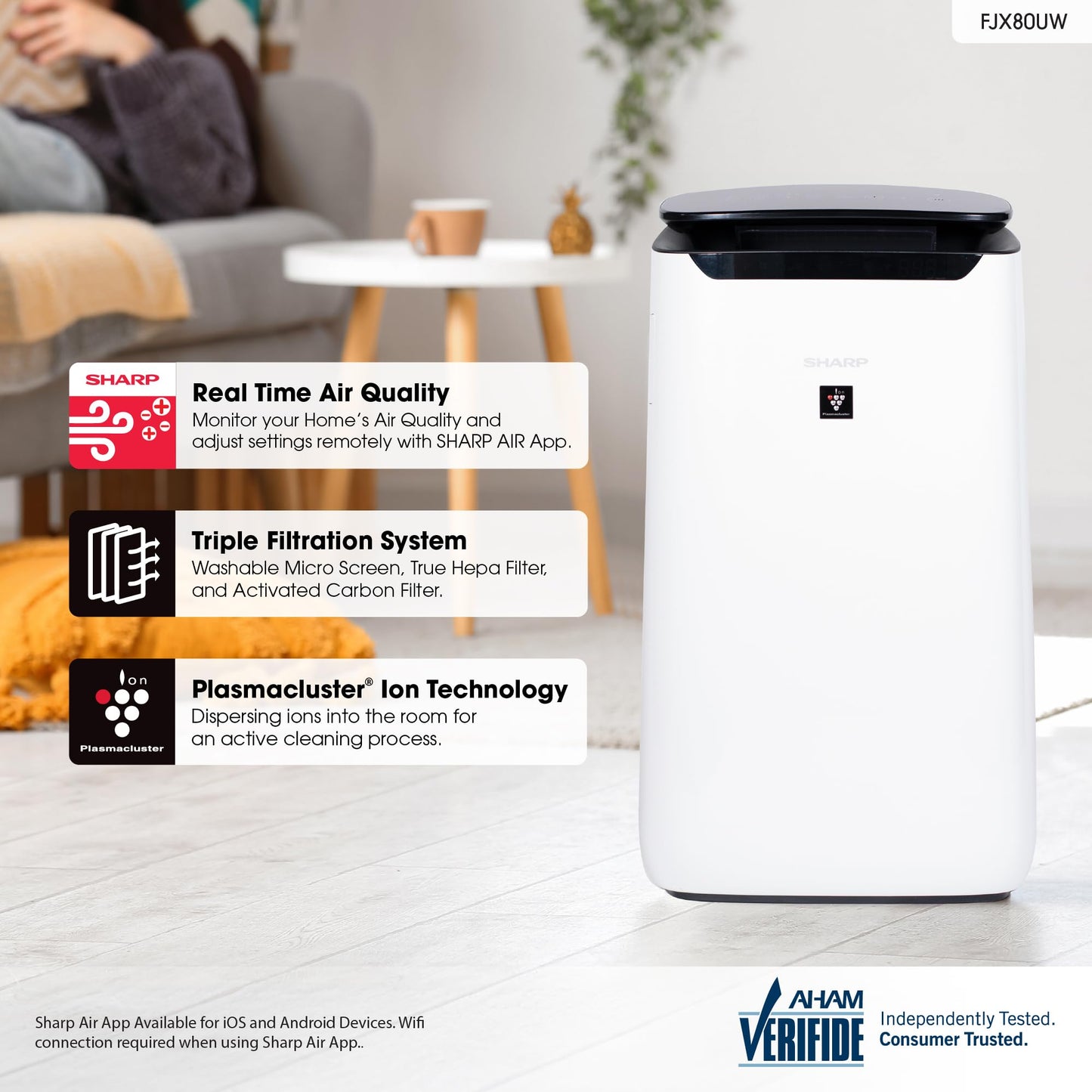 SHARP Smart Air Purifier for XL Rooms – Covers up to 2,430 sqft in one hour, Compatible w/Alexa, True HEPA Filter Air Purifier for Living Room, Dust, Smoke, Pollen - FXJ80UW