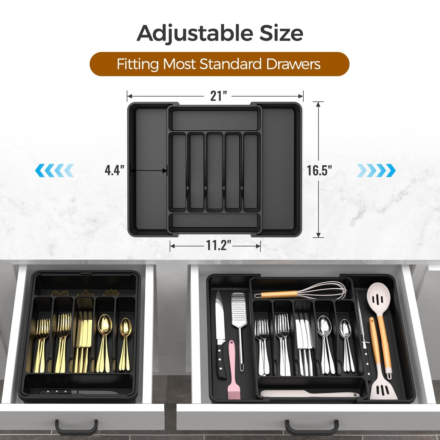 ukeetap Extra Large Expandable Silverware Organizer, BPA-Free Food-Safe Cutlery Flatware Organizer, Kitchen Utensil Drawer Organizer, Adjustable Silverware Holder for Spoons Forks Knives, Black