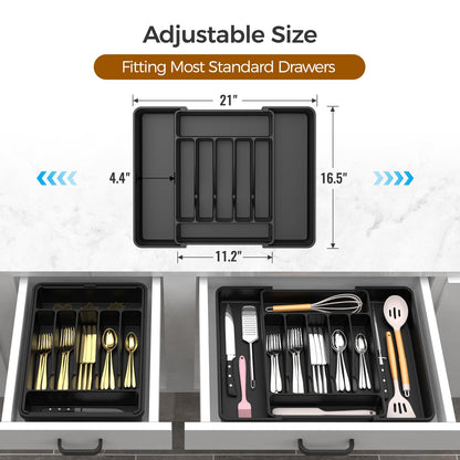 ukeetap Extra Large Expandable Silverware Organizer, BPA-Free Food-Safe Cutlery Flatware Organizer, Kitchen Utensil Drawer Organizer, Adjustable Silverware Holder for Spoons Forks Knives, Black