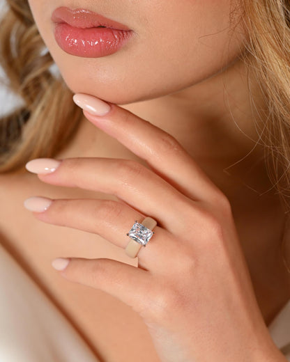 Rinfit Silicone Ring with Stone - Emerald Cut Cubic Zirconia Solitaire Engagement Ring for Women - Rubber Wedding Bands - Nude/Rose Gold - Size 8