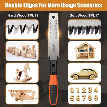 Japanese Hand Saw, 6-Inch Double-Edge Pull Saw, SK5 Flexible Blade,14/17 TPI Blade with Soft Grip Handle for Hardwood & Softwood Woodworking.