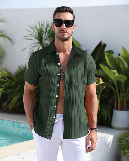 TUREFACE Black Short Sleeve Button Down Shirts for Men Casual Stripe Textured Wrinkle-Free Breathable Summer Beach Shirt