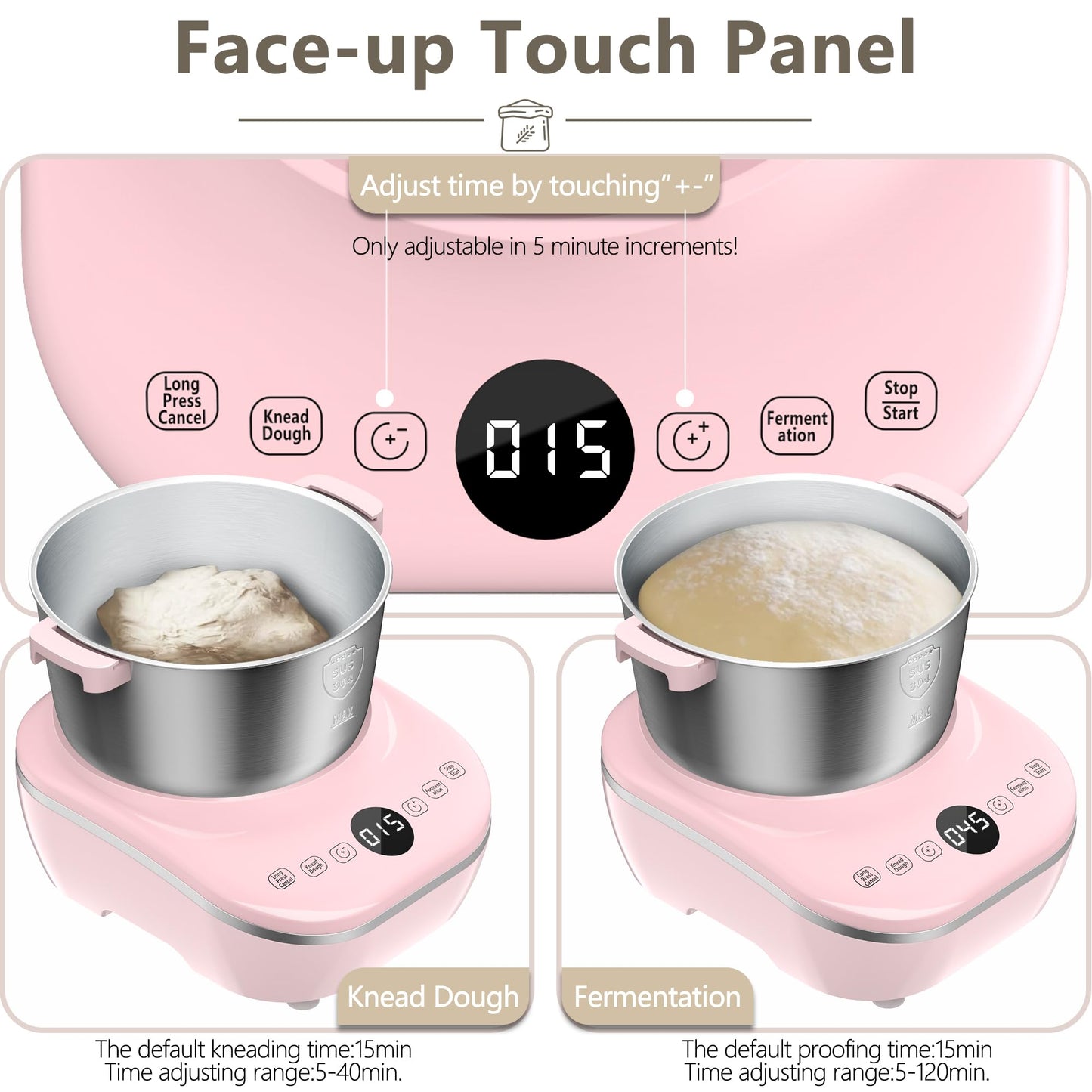 Electric Dough Maker 5Qt with Ferment Function, Dough Mixer with 304 Stainless Steel Bowl, Face-up Touch Panel, for Bread & Pizza