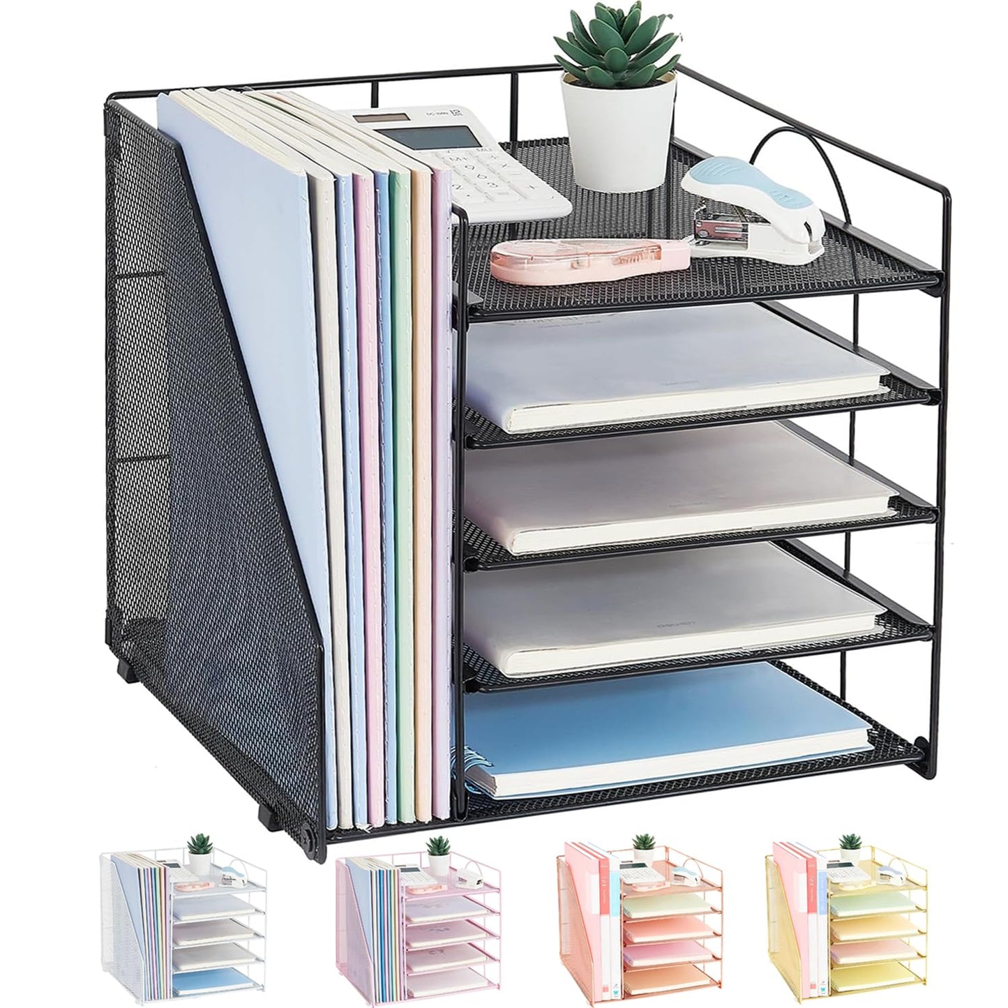LEKETREE Desk Organizers and Accessories, 5-Tier Paper Letter Tray Organizer with File Holder, Desktop Organizer for Office Supplies (Black)