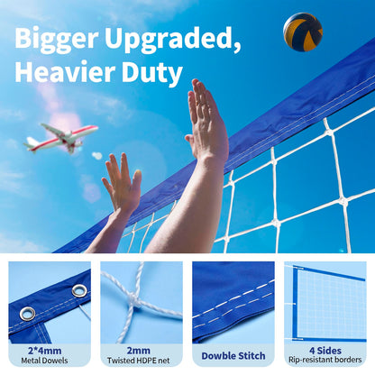 YUXUXU Professional Volleyball Net Outdoor Heavy Duty, All Weather Enhanced, Extended Stainless Steel Cable, Extra Thick Borders, for Indoor Outdoor Sports - Regulation 32x3FT, Blue (Net Only)