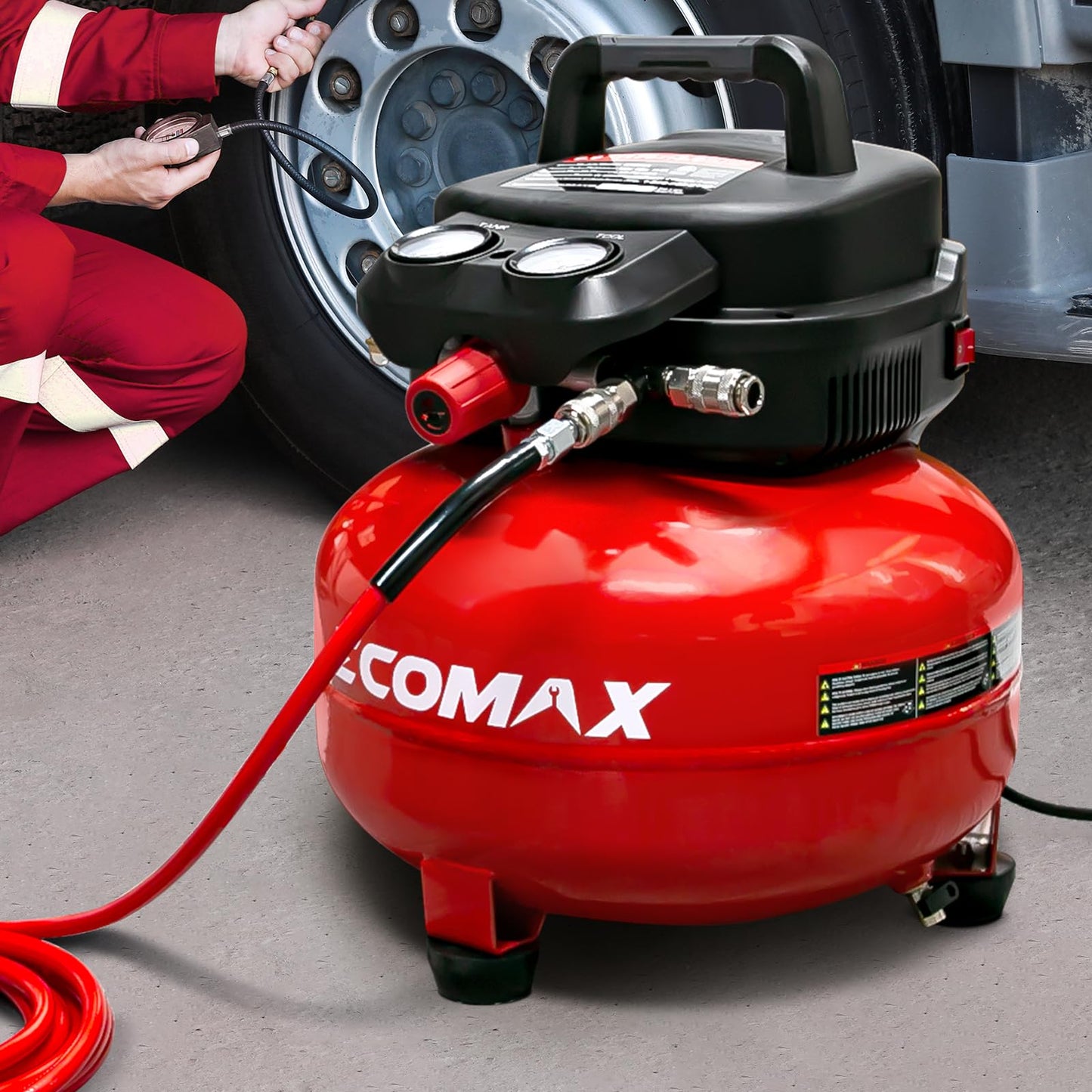 Air Compressor, 6-Gallon Pancake Air Compressor with 25 FT Air Hose, MAX 175PSI Pressure/1.5HP, Compressor for Air Tools, Car Tires, Garage, and Shop