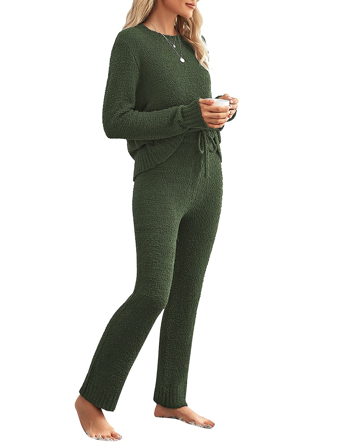 luvamia Women's Casual Solid Color Pajama Sets Long Sleeve Tops And Pants Long Pj Sets Joggers Loungewear Sleepwear Nightwear Lounge Wear Set Outfits For Women Comfy Outfits For Women Army Green Large