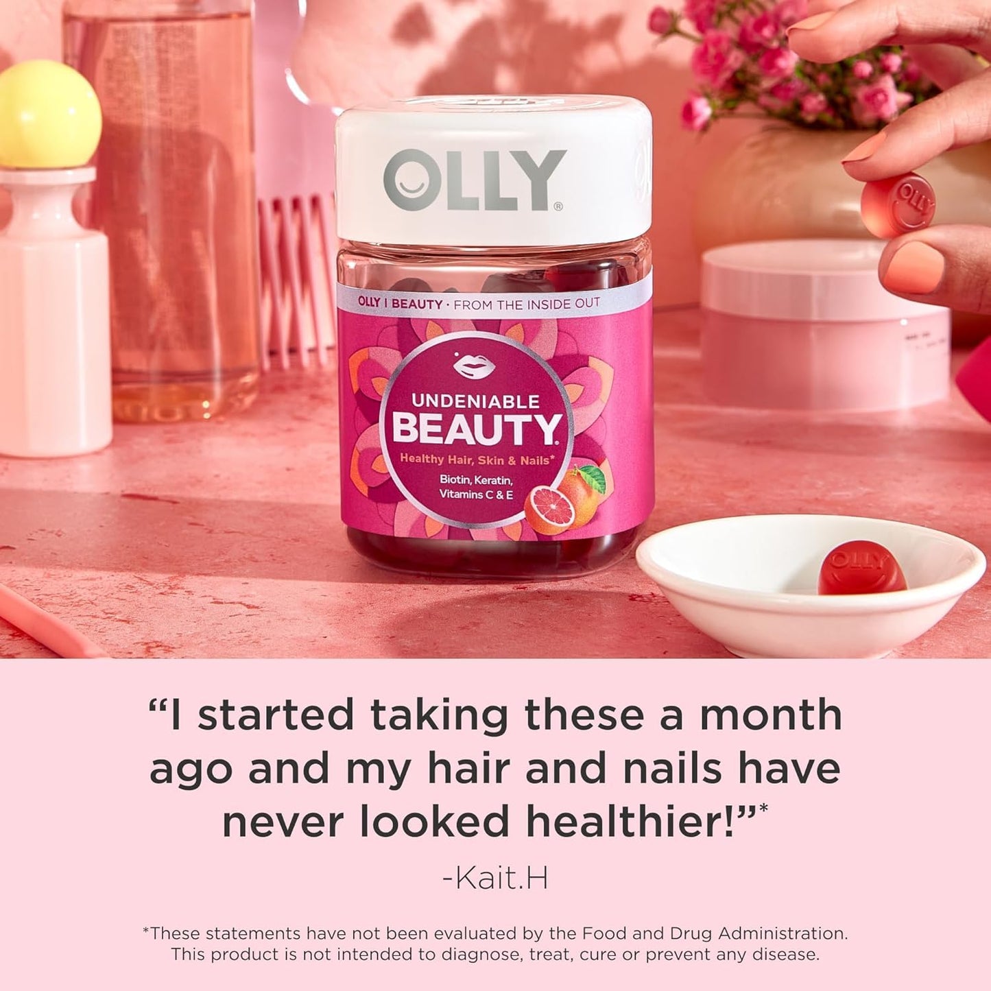 OLLY Undeniable Beauty Gummy, for Healthy Hair, Skin & Nails,* Biotin, Vitamins C & E, Keratin, Chewable Supplement, Grapefruit Flavored, 60 Day Supply - 120 Count