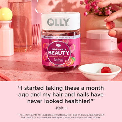 OLLY Undeniable Beauty Gummy, for Healthy Hair, Skin & Nails,* Biotin, Vitamins C & E, Keratin, Chewable Supplement, Grapefruit Flavored, 60 Day Supply - 120 Count