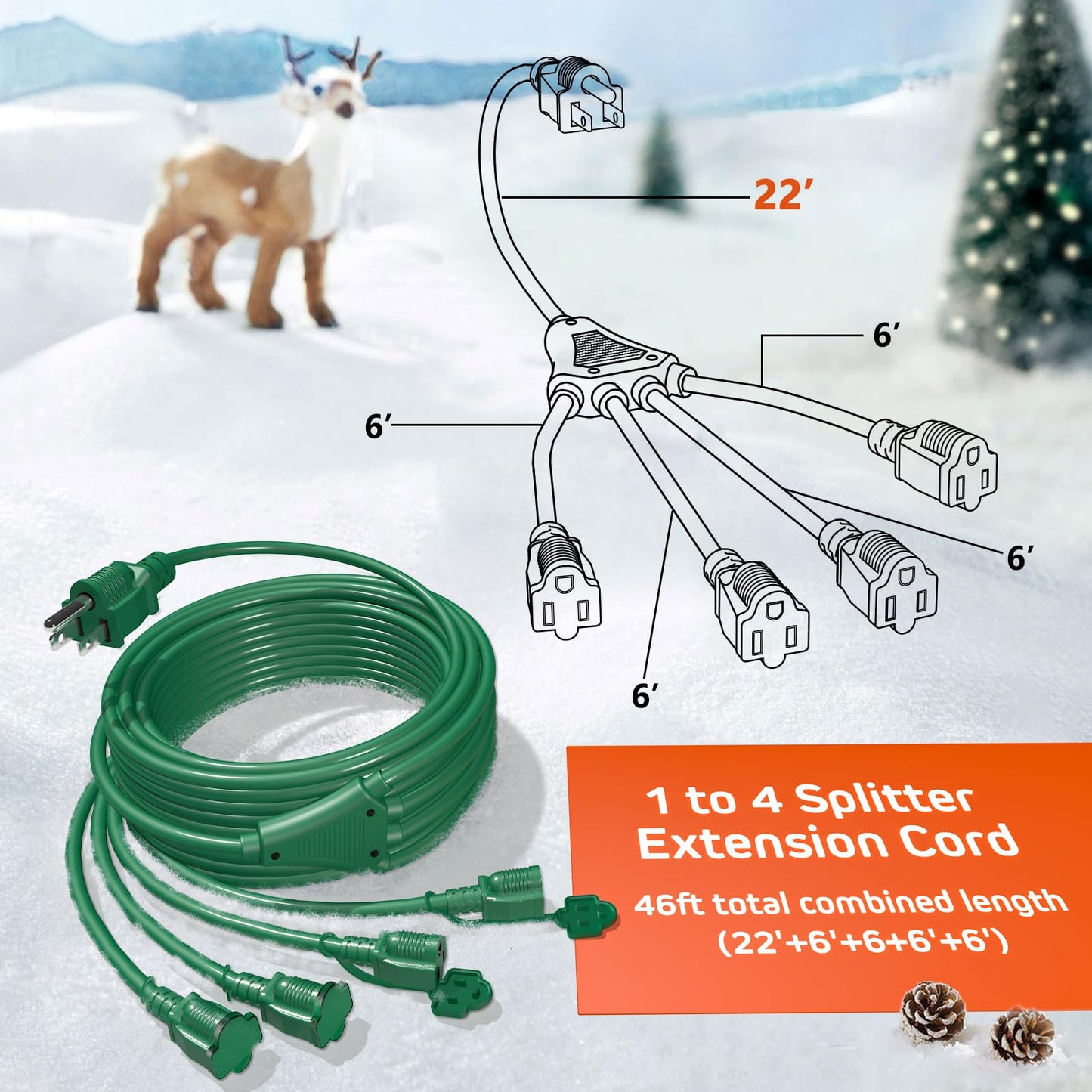 Eversimpleinc 1 to 4 Splitter Extension Cord (Combined 46 FT, End to End 28 FT), 3 Prong Plug with 4 Extended Outlets, with Weatherproof Covers for Indoor and Outdoor
