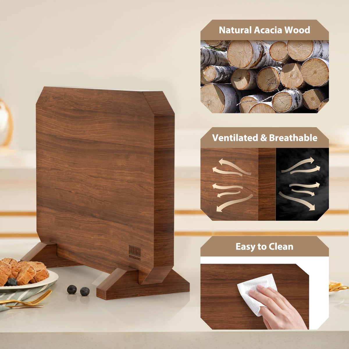 HOSHANHO Magnetic Knife Block, Thickened Acacia Wood Kitchen Knife Holder Stand with Strong Magnets, Multifunctional Double Side Knife Storage Organizer for Kitchen Counter
