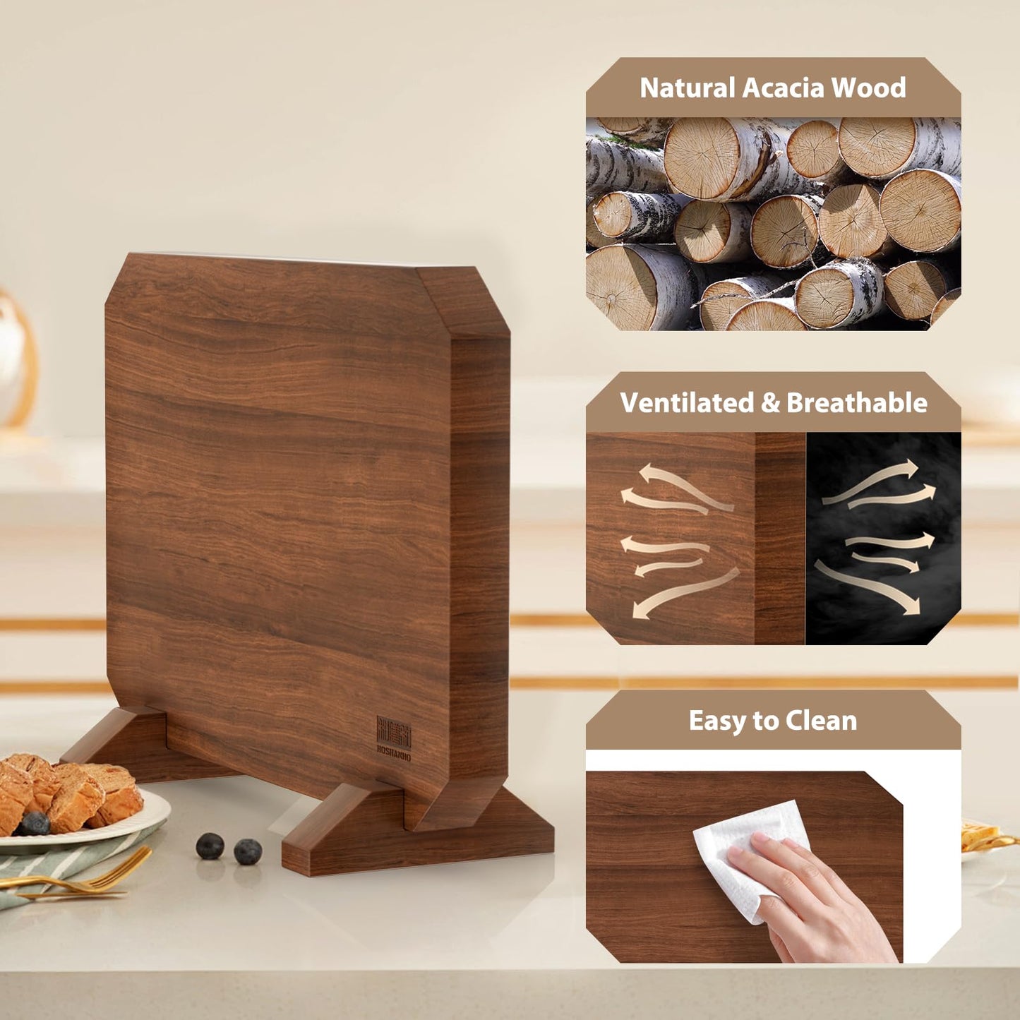 HOSHANHO Magnetic Knife Block, Thickened Acacia Wood Kitchen Knife Holder Stand with Strong Magnets, Multifunctional Double Side Knife Storage Organizer for Kitchen Counter