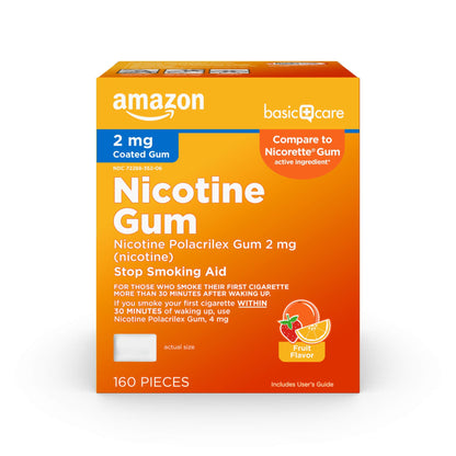 Amazon Basic Care Coated Nicotine Polacrilex Gum, 2 mg, Fruit Flavor, Stop Smoking Aid, Reduces Cravings, Smoking Cessation, 160 Count