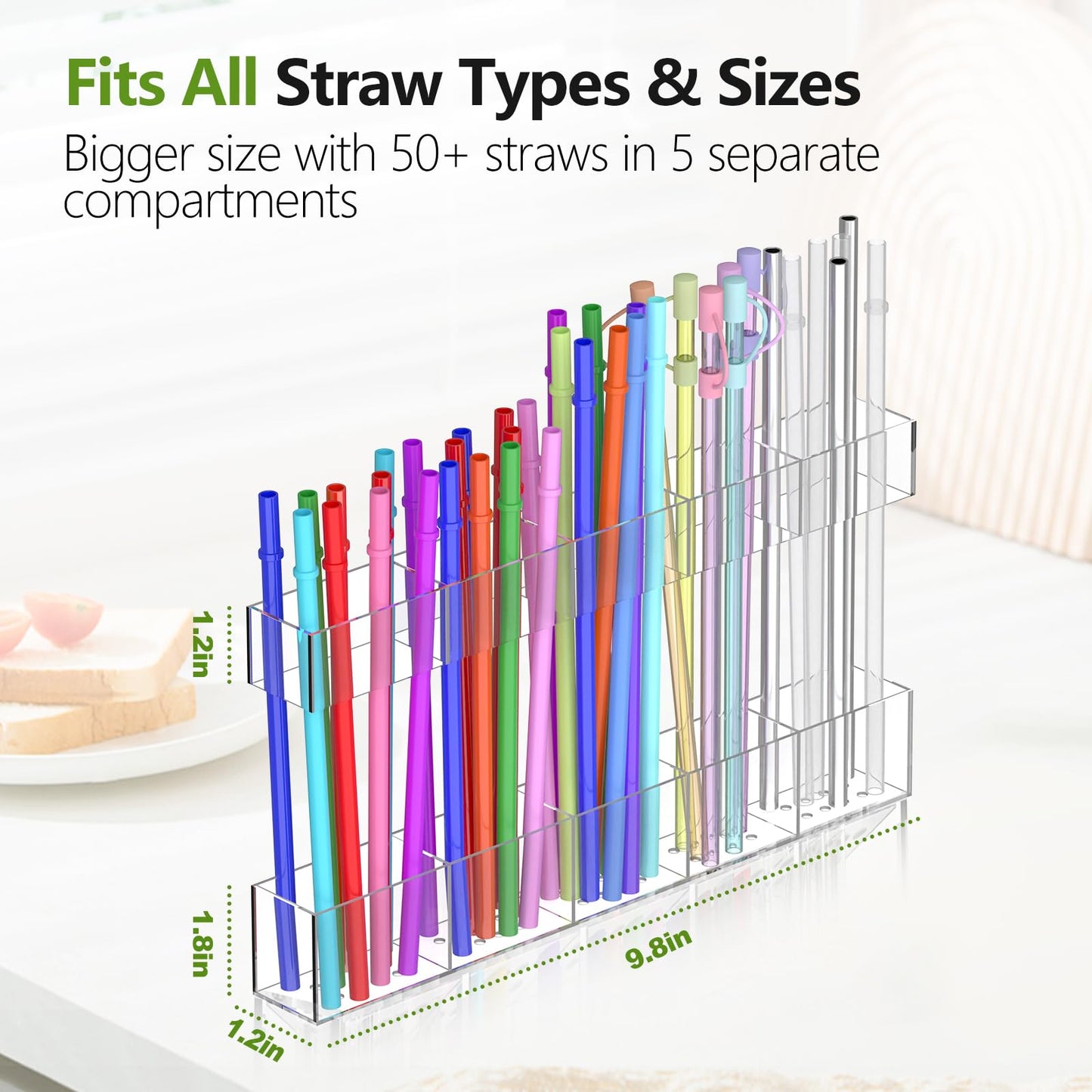 Rycid Straw Holder for Cabinet Door, 9.8” Adjustable Two-Part Large Acrylic Straws Organizer with Ultra Sticky Adhesive Strips, 2025 Reusable Straw Storage for Kitchen Cupboard(Transparent)