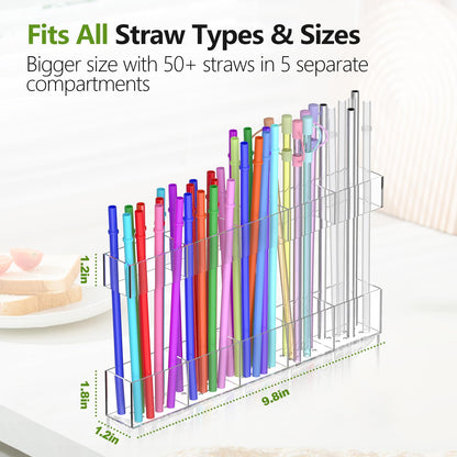 Rycid Straw Holder for Cabinet Door, 9.8” Adjustable Two-Part Large Acrylic Straws Organizer with Ultra Sticky Adhesive Strips, 2025 Reusable Straw Storage for Kitchen Cupboard(Transparent)