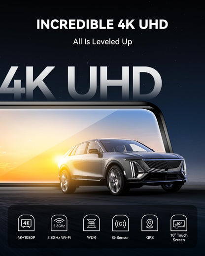 WOLFBOX G930 10'' Rear View Mirror Camera with 5.8GHz WiFi, 4K Dash Cam Front and Rear with WDR, Touch Screen Rearview Mirror Backup Camera, Parking Monitor, Reverse Assist, Includes 64GB Card & GPS