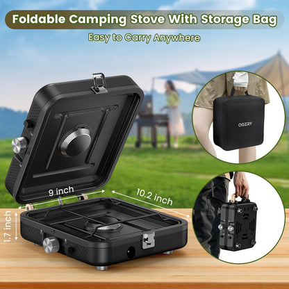 OGERY 2-Burner Foldable Camping Stove with Griddle (Textured & Smooth) and Carrying Bag, Portable Propane Camp Stove with 2 Adjustable Burners & Piezo Ignition, for Camping Tailgating Essentials Gear