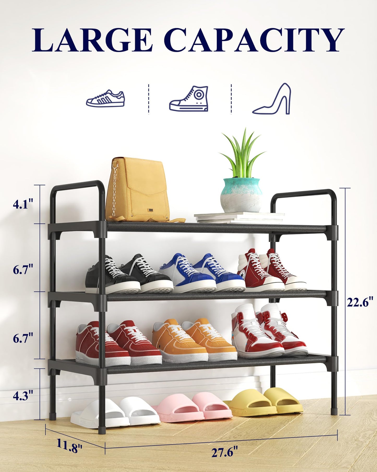 Kitsure Shoe Rack for Closet, Sturdy and Long-Lasting Shoe Shelf, Shoe Rack for Entryway, Personalized DIY Shoe Organizer, Shoe Rack Organizer for Space-Saving, 27.6" x 11.8" x 22.6", Black