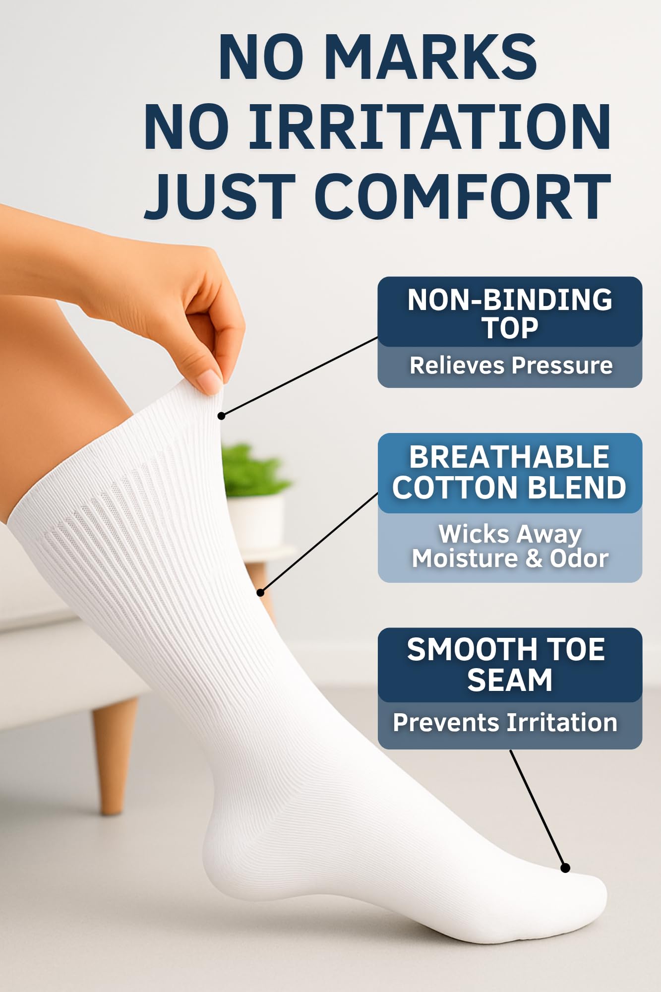 Special Essentials Diabetic Socks for Men & Women – 12 Pairs of Non-Binding Extra Wide Top Cotton Neuropathy Socks – Crew Length, White, 13-15
