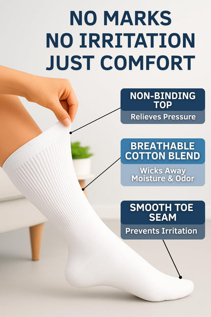 Special Essentials Diabetic Socks for Men & Women – 12 Pairs of Non-Binding Extra Wide Top Cotton Neuropathy Socks – Crew Length, White, 13-15