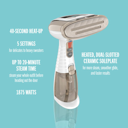 Conair Handheld Garment Steamer for Clothes, Turbo ExtremeSteam 1875W, Portable Handheld Design, Strong Penetrating Steam, White / Champagne