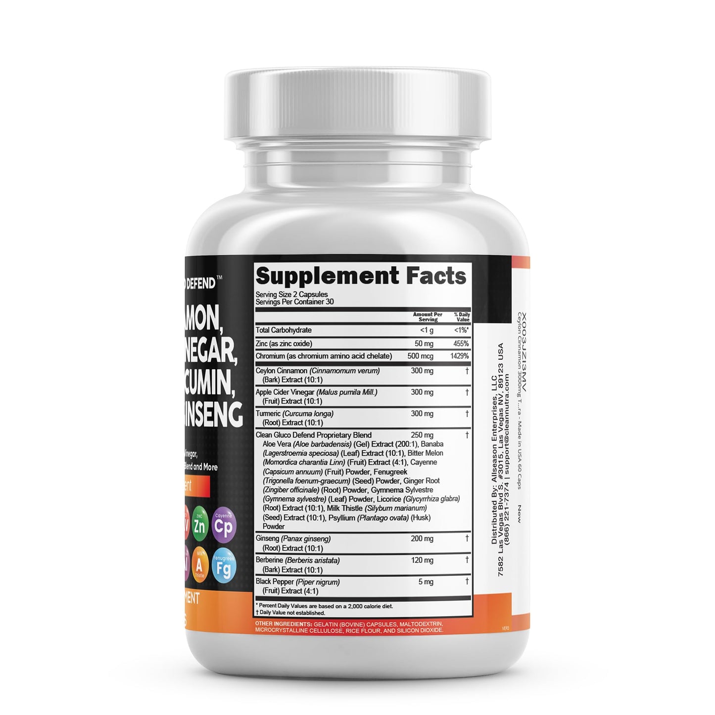 Clean Nutraceuticals Ceylon Cinnamon Turmeric Apple Cider Vinegar Ginseng Berberine Plus Bitter Melon Gymnema Milk Thistle Fenugreek