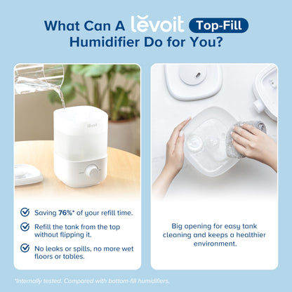 LEVOIT Top Fill Humidifiers for Bedroom, 2.5L Tank for Large Room, Easy to Fill & Clean, 26dB Quiet Cool Mist Air Humidifier for Home Baby Nursery & Plants, Auto Shut-off and BPA-Free for Safety, 25H