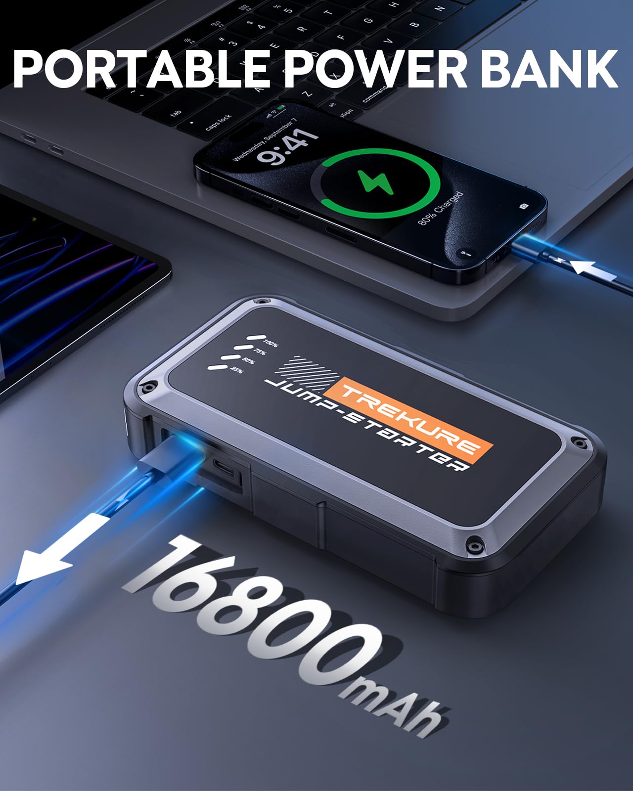 TREKURE Portable Car Battery Jump Starter 3500A 16800mAh Jump Box, Car Battery Jumper Starter Portable Jumper Cables for car(8.0L Gas/6.5L Diesel), Fast Charge, Lights, Compact