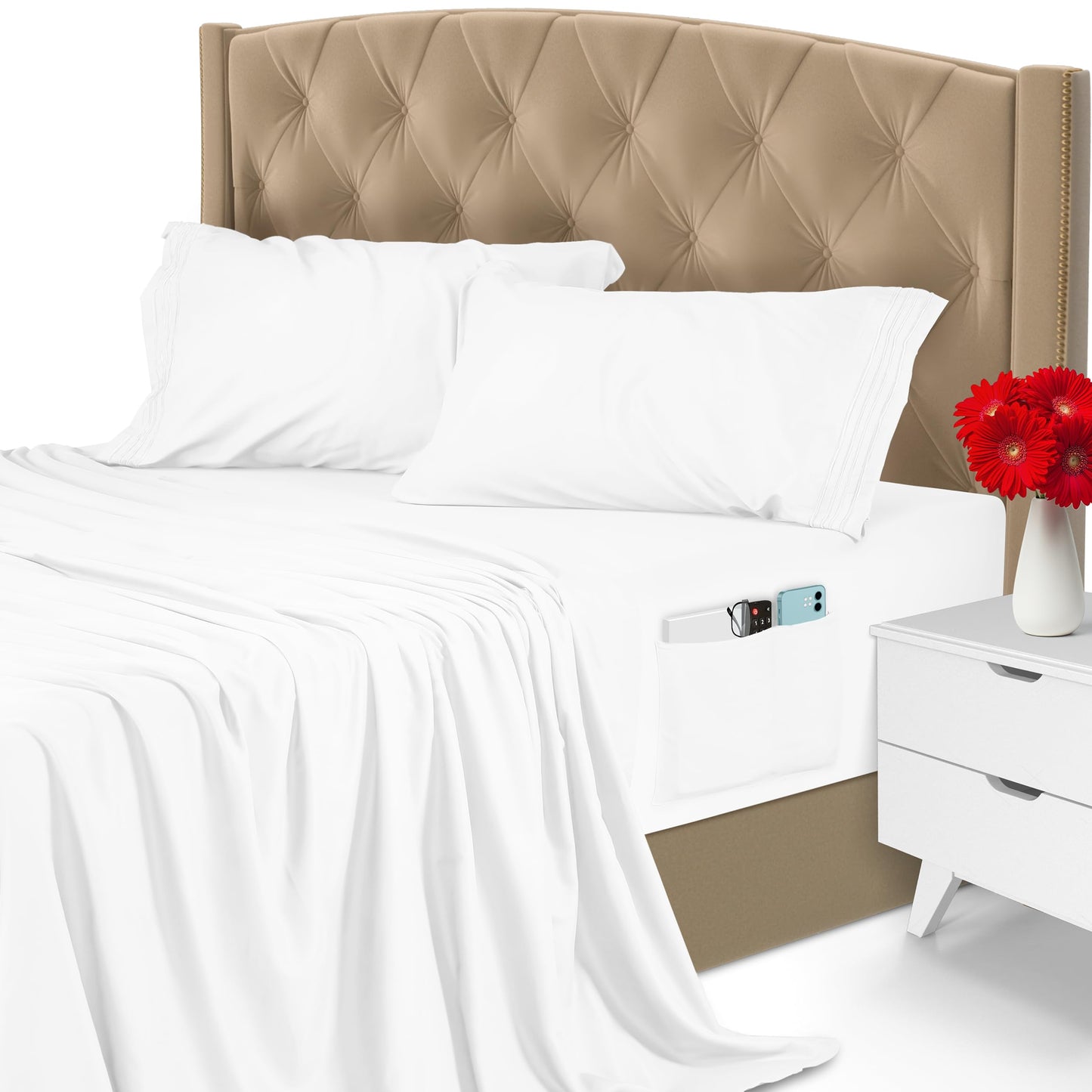 Utopia Bedding Queen Sheet Set, Soft Microfiber 4 Piece Hotel Luxury Bed Sheets for Women, Men, Kids & Teens with Side Storage Deep Pocket Fitted Sheet - Embroidered Pillow Cases - Flat Sheet (White)