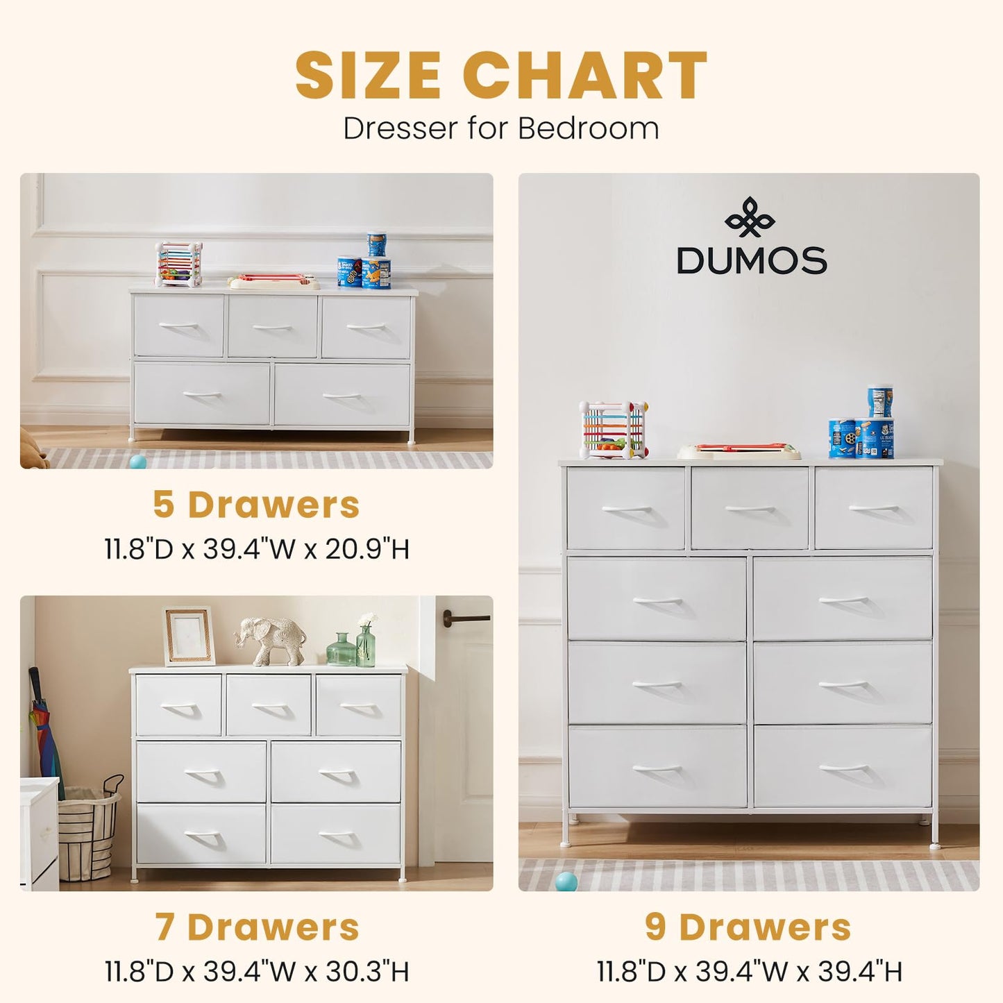 DUMOS Dresser for Bedroom, Storage Organizer with 9 Drawers, Chest of Drawers with Fabric Bins, Sturdy Metal Frame, Wood Tabletop for Guest Room, Closet, Entryway, Nursery