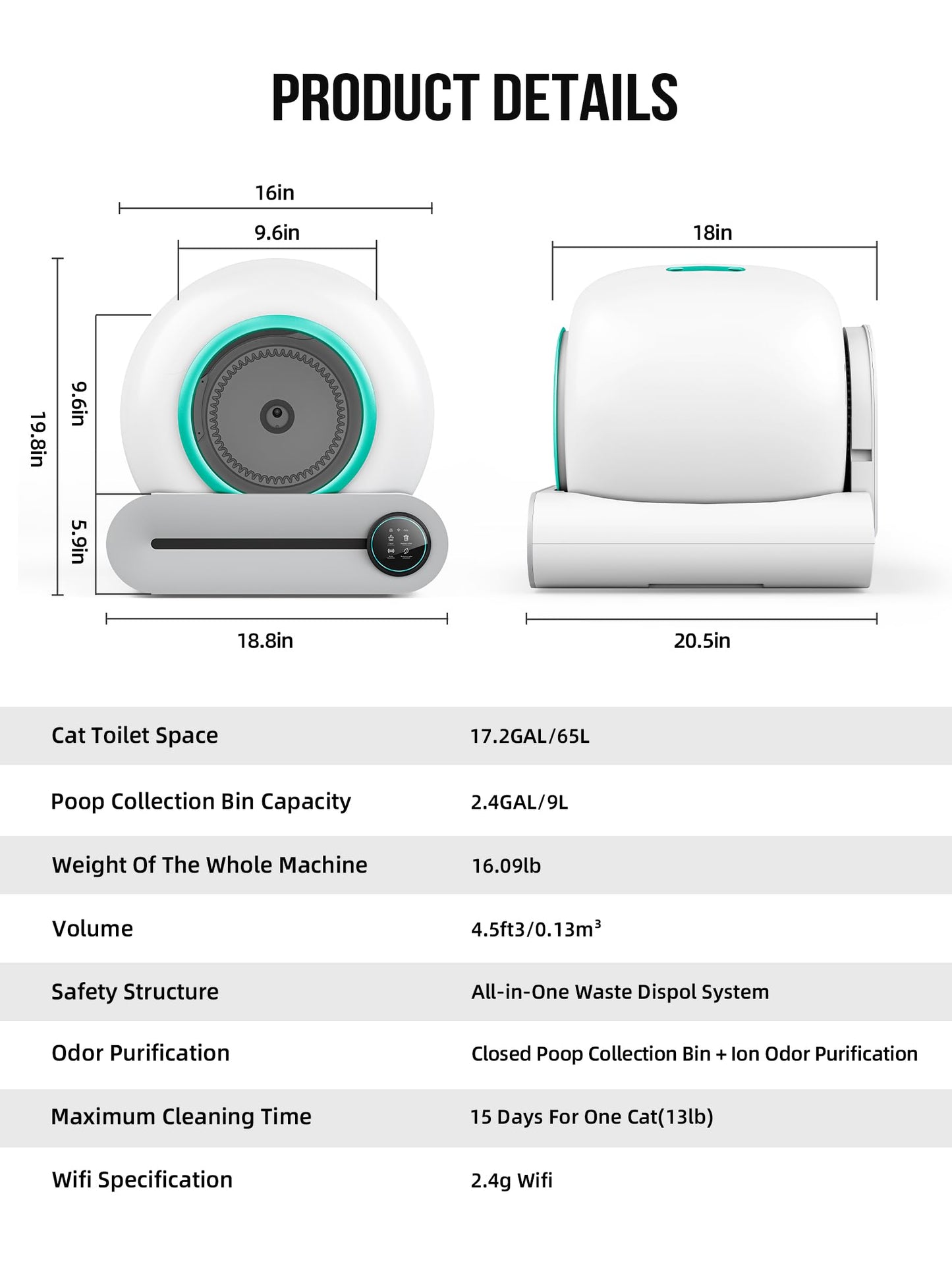 EXPEDMAN Self Cleaning Cat Litter Box, Automatic Cat Litter Box with Mat & Liners, 65L+9L Large Capacity Self Cleaning Litter Box, APP Control/Suitable for Multiple Cats - Green