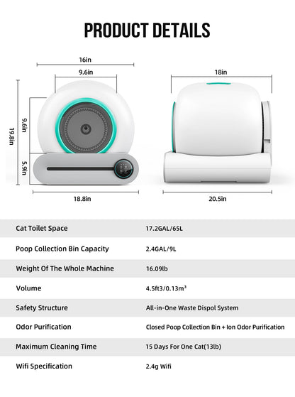 EXPEDMAN Self Cleaning Cat Litter Box, Automatic Cat Litter Box with Mat & Liners, 65L+9L Large Capacity Self Cleaning Litter Box, APP Control/Suitable for Multiple Cats - Green