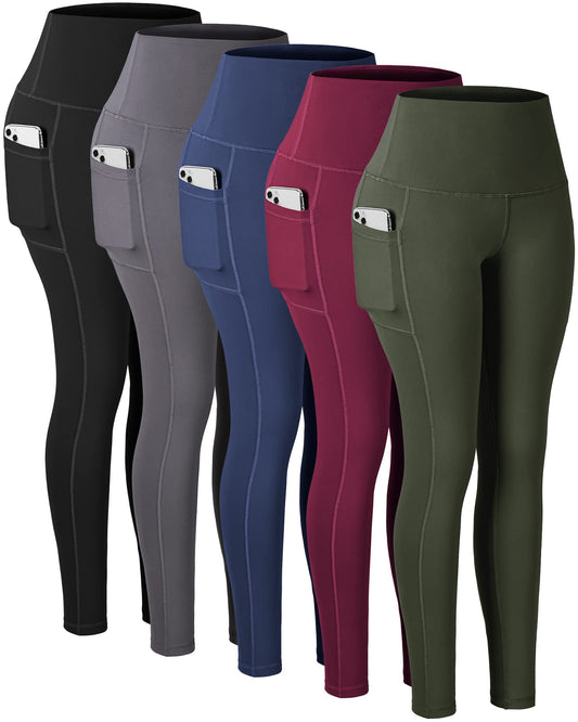 CHRLEISURE Leggings with Pockets for Women, High Waisted Tummy Control Workout Yoga Pants(5 Packs Black,Gray,Navy,Wine,JLGreen, XL)