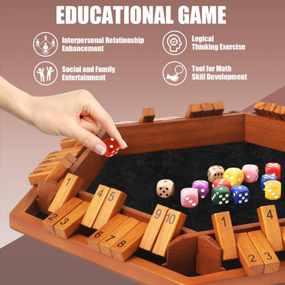 Toidgy 1-6 Players Shut The Box Dice Games, Wooden Board Table Math Game with 16 Dice and Instructions, Classics Close The Box Board Game for Adults Kids, Family Classroom Home or Bar