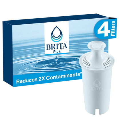 Brita Plus Water Filter, BPA-Free, High-Density Replacement Filter for Pitchers and Dispensers, Reduces 2x Contaminants*, Lasts Two Months or 40 Gallons, Includes 4 Filters