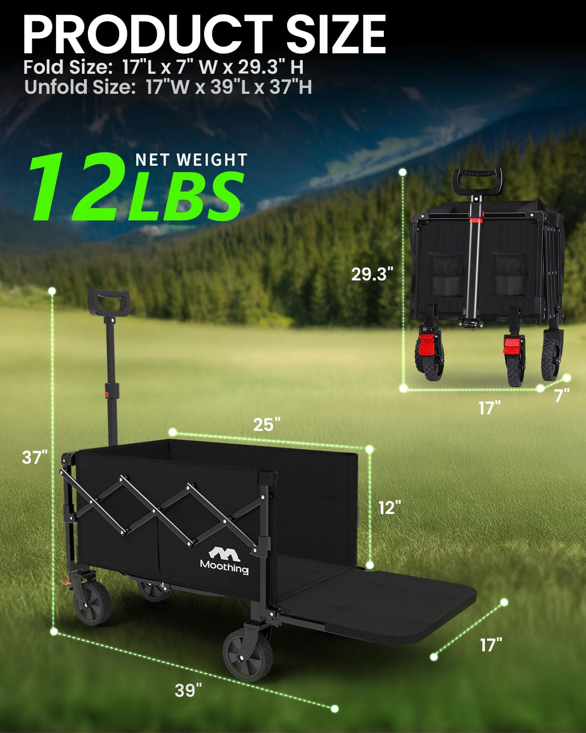Moothing Collapsible Wagon, Wagons Carts Foldable with Tailgate Extended, Folding Wagons 360lbs Heavy Duty, Portable Lightweight Utility Wagon Cart for Grocery, Camping, Garden, Sports, Black D