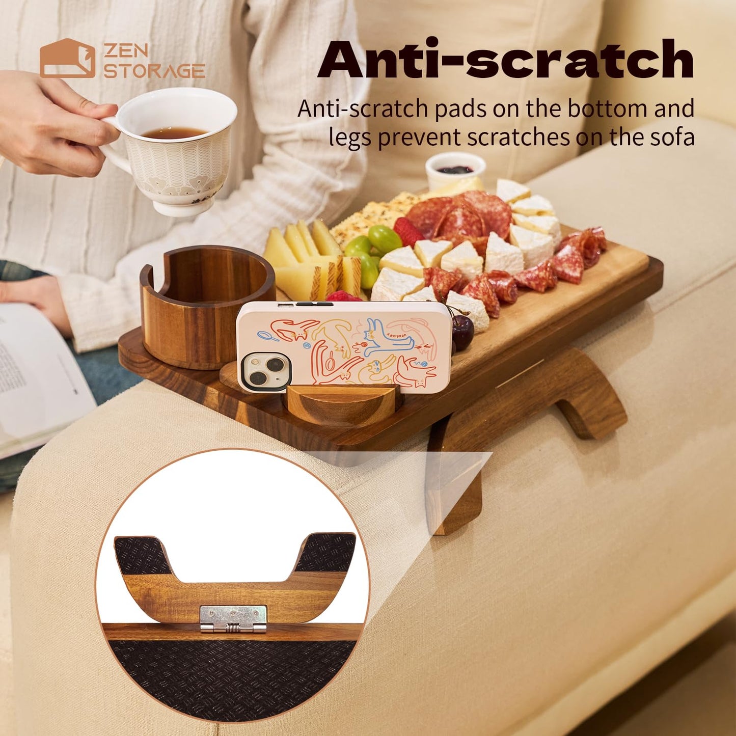 ZenStorage Acacia Wood Couch Arm Table Tray with Charcuterie Board with Phone Holder, Cup Slot & Folding for Wide/Narrow Recliners, Snack Table for Small Spaces TV Entertaining (Natural Wood)
