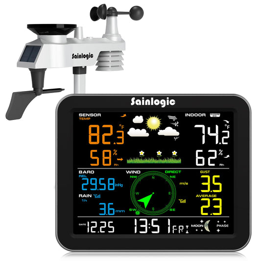 Sainlogic Weather Station Wireless Indoor Outdoor, Weather Station with Rain Gauge and Wind Speed/Direction, Temperature, Humidity, Air Pressure, Weather Forecast, Moon Phase, and Alarm