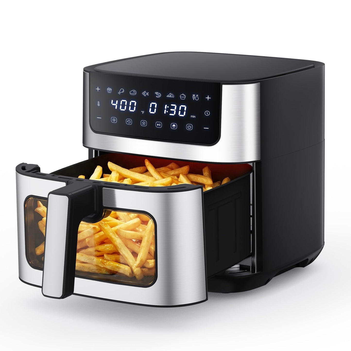 NEWBULIG Air Fryer 6.34QT, Airfryer with Visible Window, 400℉ Fast Heating Air Fryers Oven with Nonstick and Dishwasher-Safe Basket, 8-in-1 Cooking Preset, Timer，Auto-Off, Stainless Steel, Black
