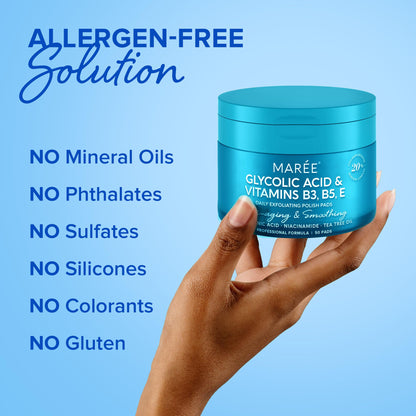 MAREE Glycolic Acid Polishes - Toner Pads for Face Cleansing - Tea Tree Oil, Salicylic Acid & Vitamins E, B3, B5 - Facial Peel & Radiance Deep Cleaning Effect - 50 Count