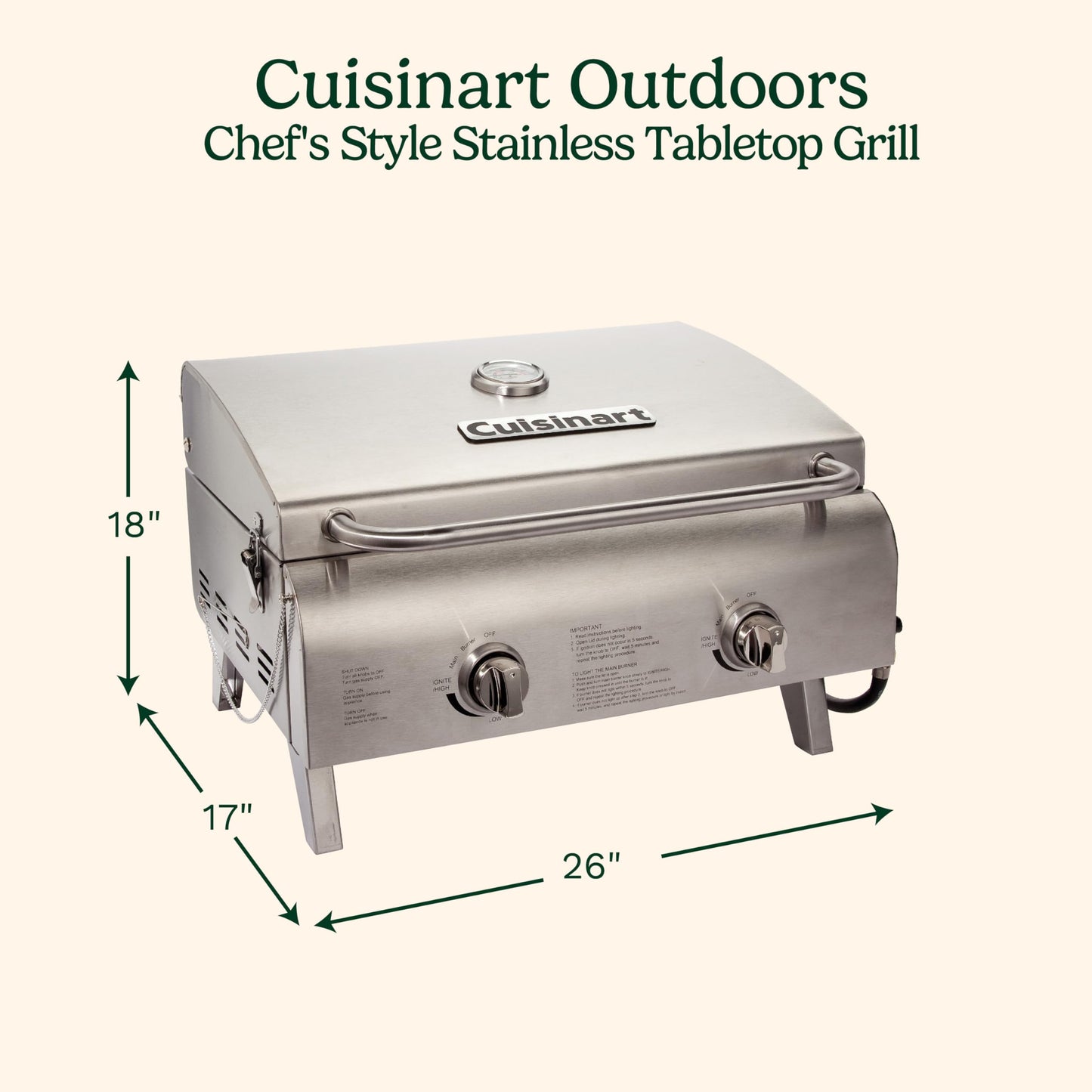 Cuisinart Chef's Style Tabletop Portable Propane Gas Grill with Dual Burners (20,000 BTUs Total), Twist-Start Ignition Stainless Steel BBQ Grill for Camping, Tailgates, BBQ, Hassle-Free Setup