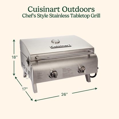 Cuisinart Chef's Style Tabletop Portable Propane Gas Grill with Dual Burners (20,000 BTUs Total), Twist-Start Ignition Stainless Steel BBQ Grill for Camping, Tailgates, BBQ, Hassle-Free Setup