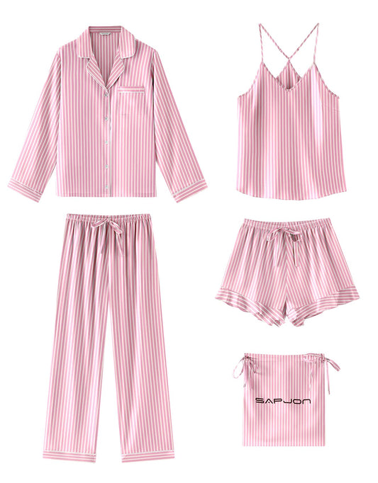 SAPJON Satin Silk Pajamas for Women Set 5PCS Classic Button Down Pajamas Top and Pants Cami and Ruffle Shorts Sleepwear Pink Stripe