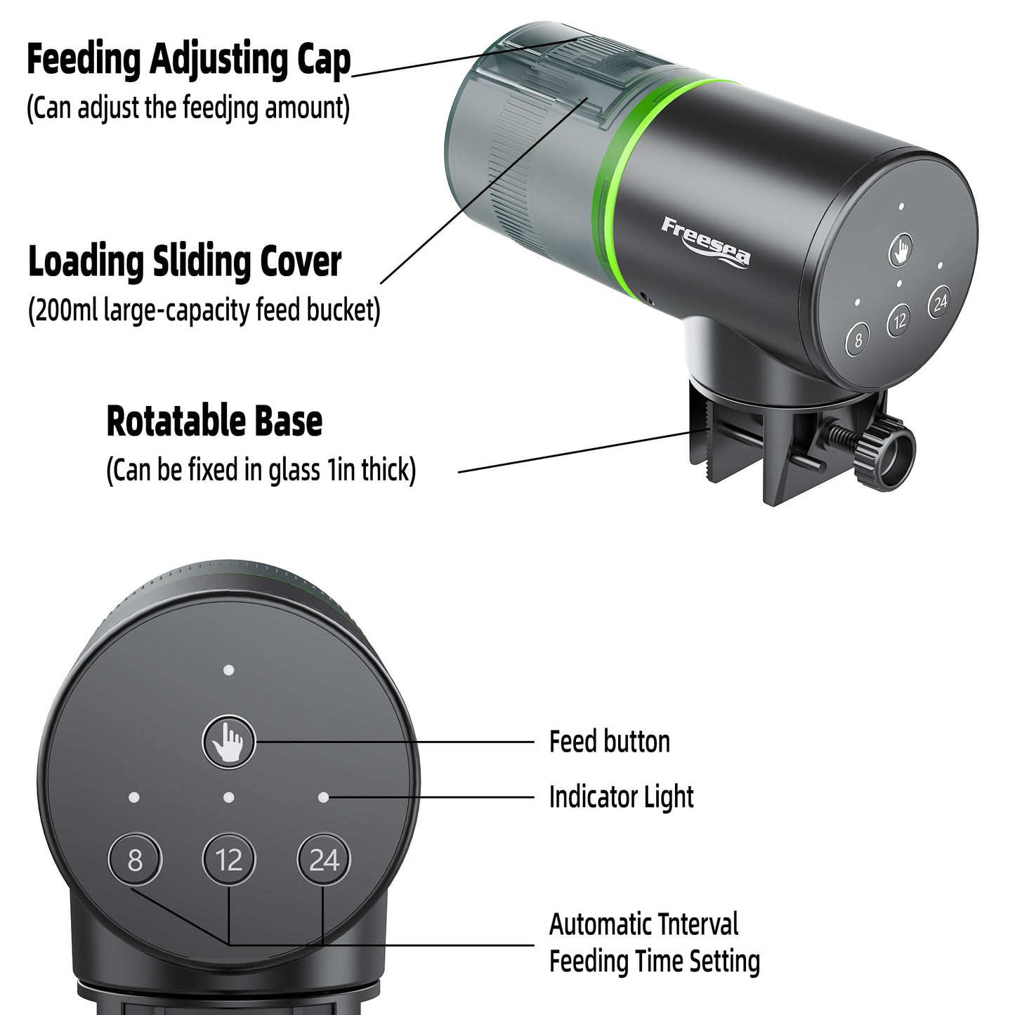 FREESEA Automatic Fish Feeder for Aquarium: Auto Fish Food Dispenser with Timer for Small Tank Betta Turtle - Battery Vacation Self Feeding for Flakes