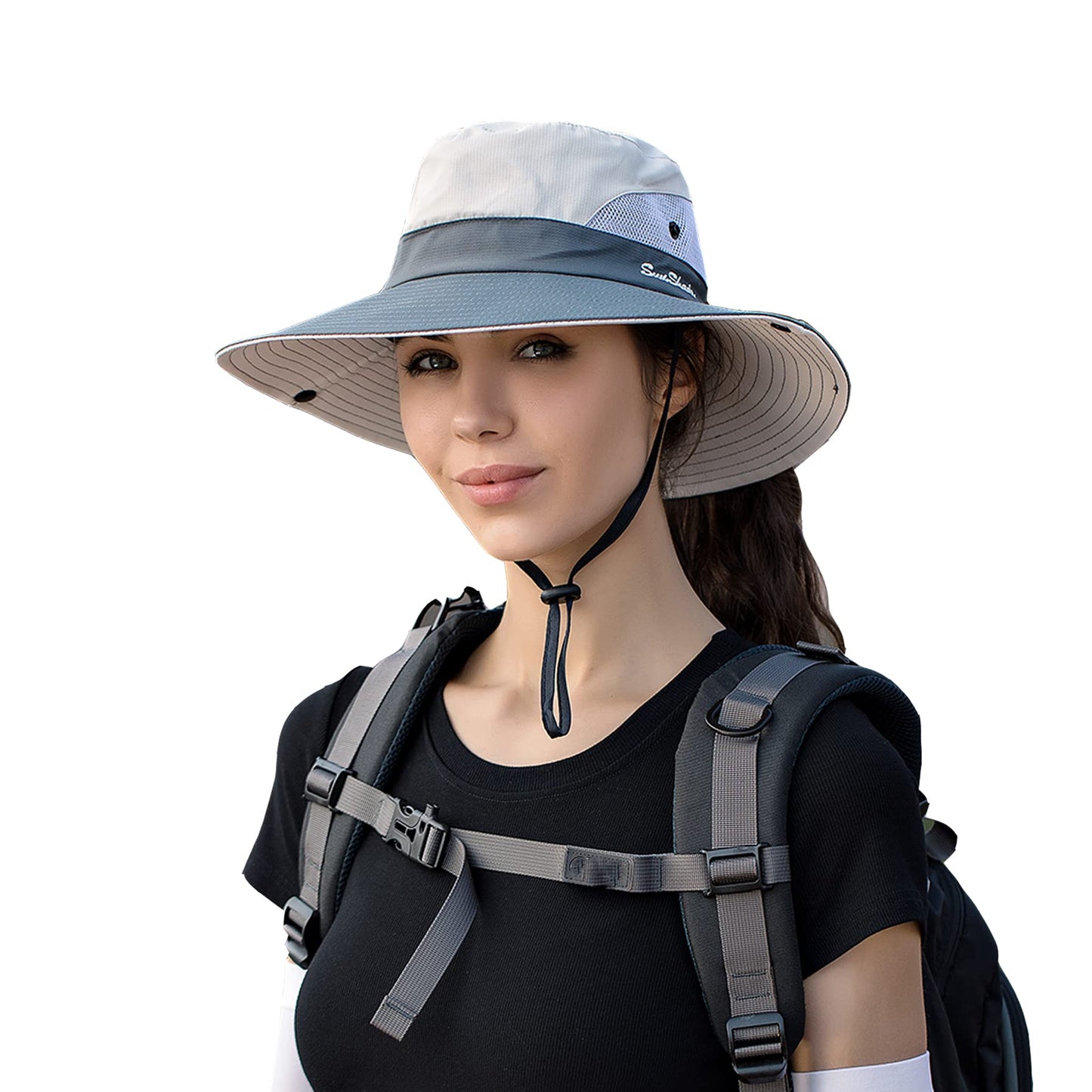 NPQQUAN Ponytail Sun Bucket Hat for Women Men Wide Brim UPF 50+ Fishing & Beach Hats Beige/Grey