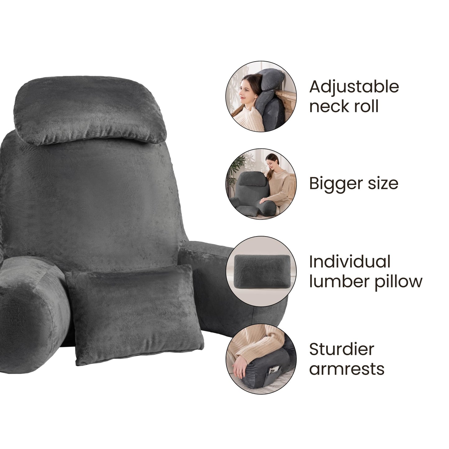 NOONTIDE Reading Pillow for Sitting up in Bed and Couch,32" X-Large Back Pillow for Adult & Teens with Soft Adjustable Neck Roll Backrest Pillow,Washable Cover,Watching TV/Gaming/Relaxing(Darkgrey)