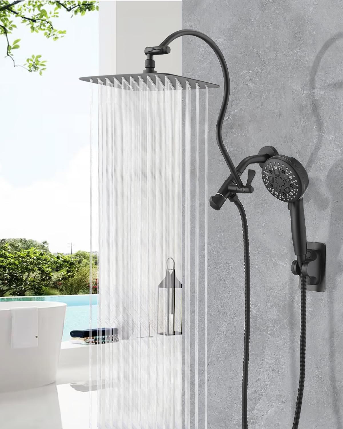 PDPBATH Rainfall Shower Head with Handheld Spray Combo, All Metal 12 Inch High Pressure Rain Showerhead with 16" Adjustable Curved Arm Build-in 3-way Diverter, Matte Black